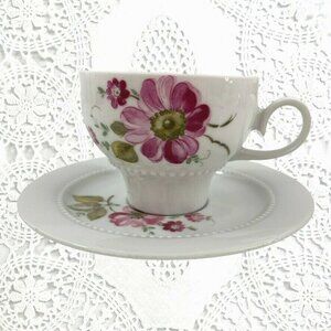 Eschenbach China Bavaria Germany Tea Cup & Saucer White Pink Flower Beaded Trim